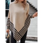 Striped Pattern Batwing Sleeve Asymmetrical Hem Poncho Sweater