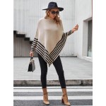 Striped Pattern Batwing Sleeve Asymmetrical Hem Poncho Sweater