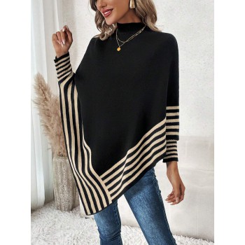 Striped Pattern Batwing Sleeve Asymmetrical Hem Poncho