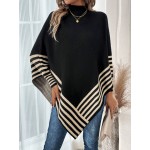 Striped Pattern Batwing Sleeve Asymmetrical Hem Poncho